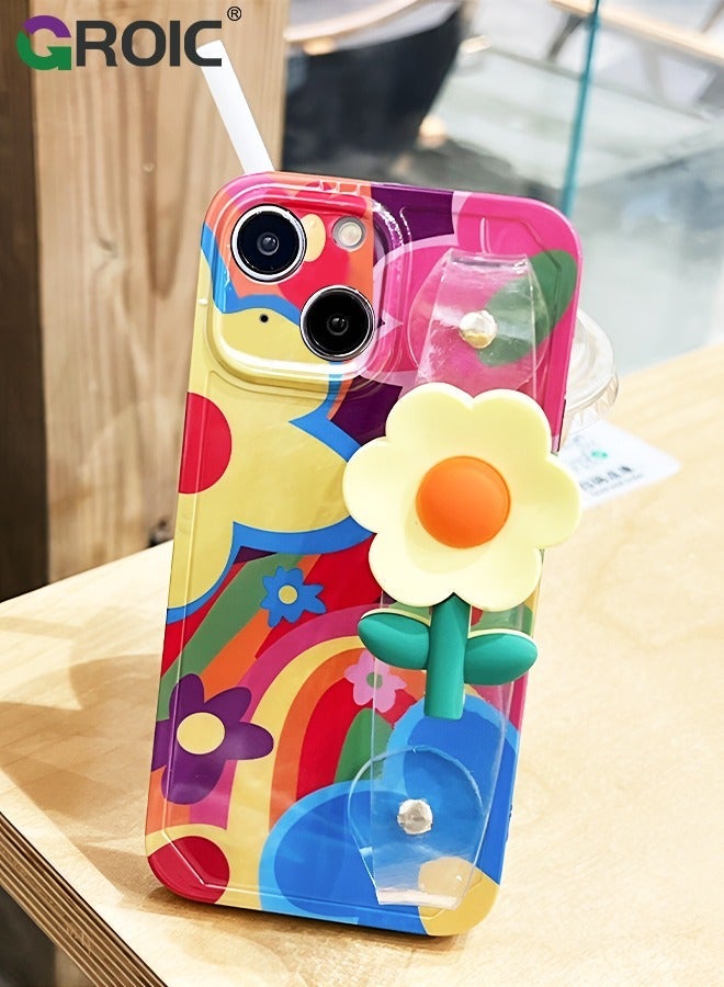 GROIC Compatible with iPhone 15 Case 6.1 Inch,Crossbody Phone Cover with Strap and Wrist Band Kickstand, Unique Cute Kawaii Colorful Painting Flowers Design Phone Shell for iPhone 15 - Image 2