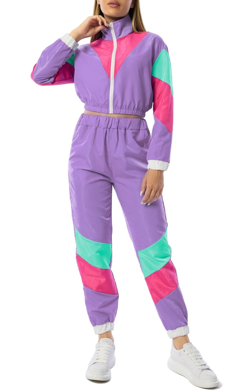 Yisfri Women's Vintage 80s 90s 2 Piece Outfit Retro Neon Full Zip Windbreaker Tracksuits Themed Party Joggers Set (Large, Light Purple) - Image 1