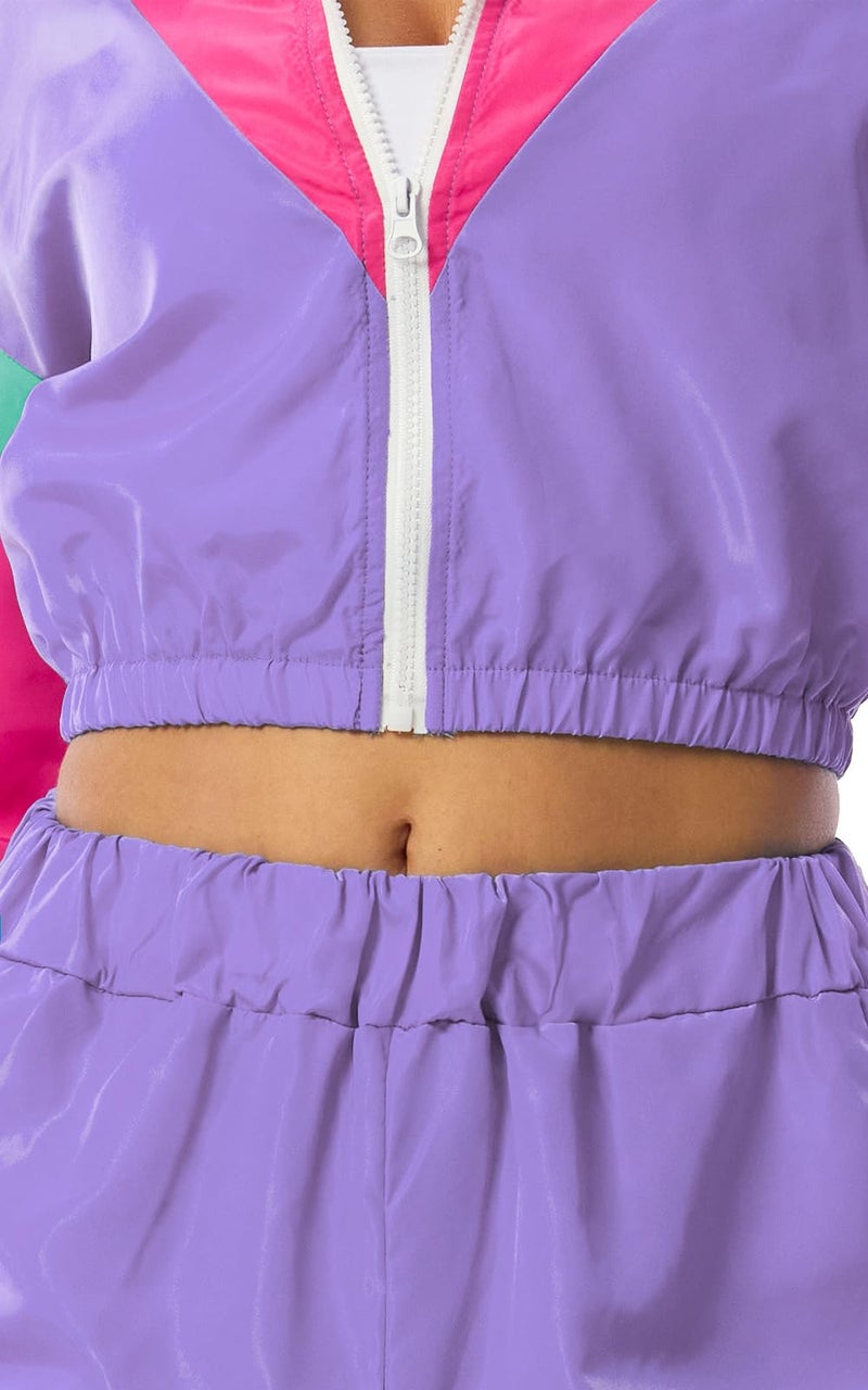 Yisfri Women's Vintage 80s 90s 2 Piece Outfit Retro Neon Full Zip Windbreaker Tracksuits Themed Party Joggers Set (Large, Light Purple) - Image 4