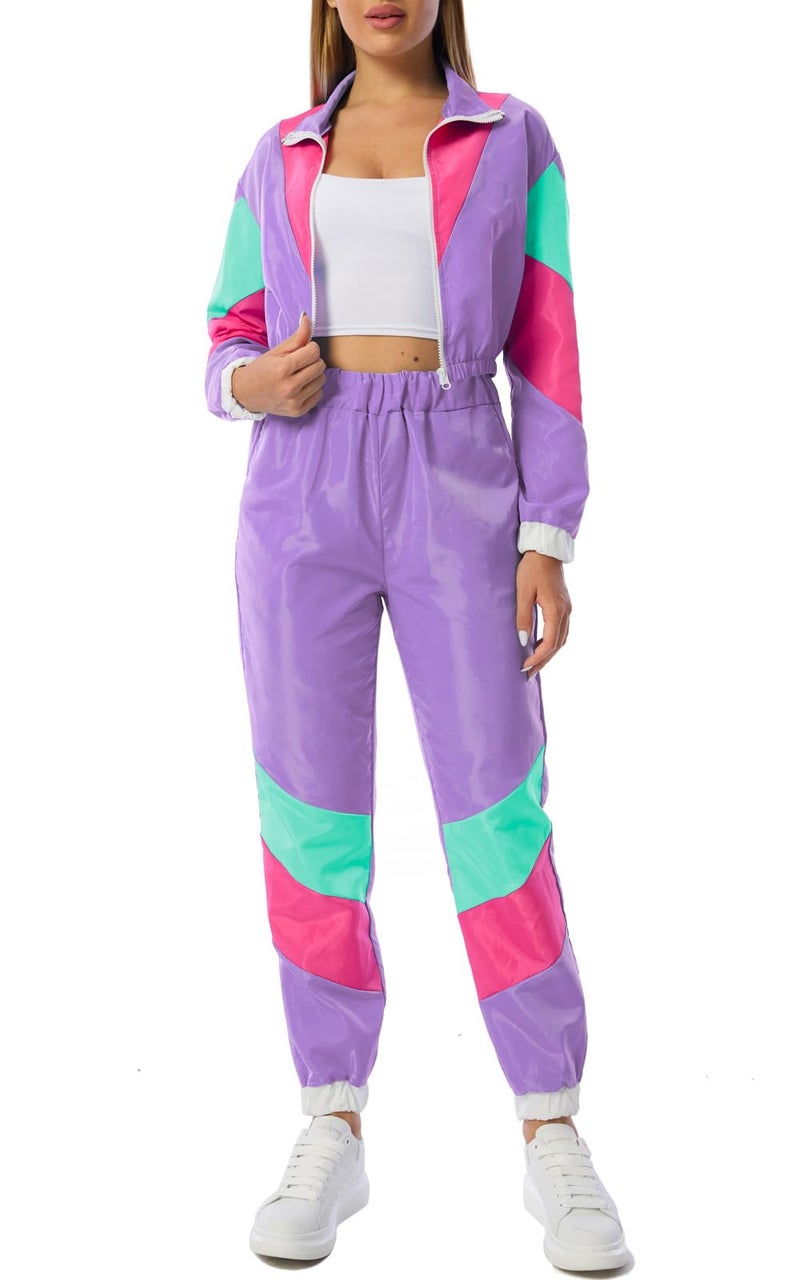 Yisfri Women's Vintage 80s 90s 2 Piece Outfit Retro Neon Full Zip Windbreaker Tracksuits Themed Party Joggers Set (Large, Light Purple) - Image 2