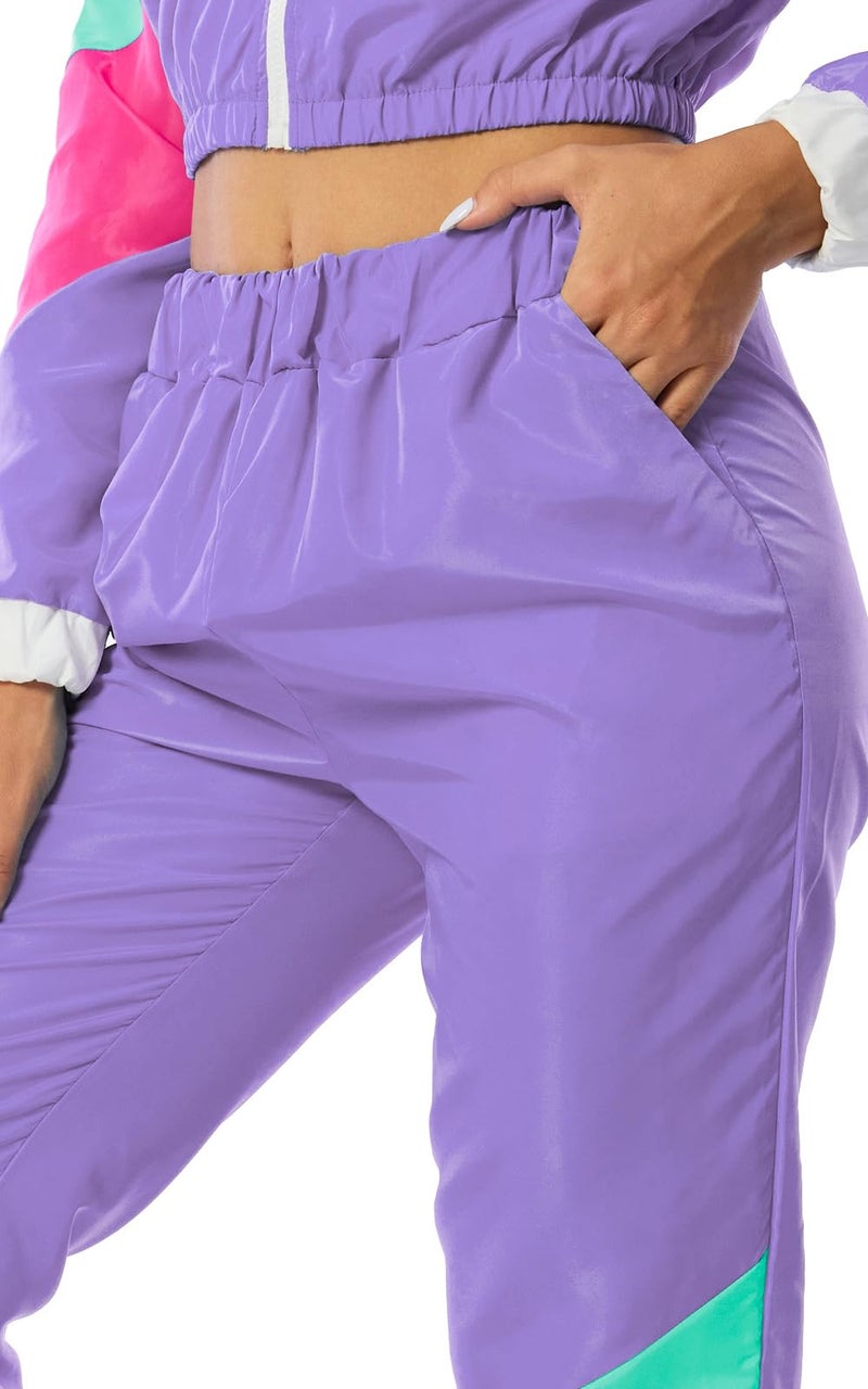 Yisfri Women's Vintage 80s 90s 2 Piece Outfit Retro Neon Full Zip Windbreaker Tracksuits Themed Party Joggers Set (Large, Light Purple) - Image 5