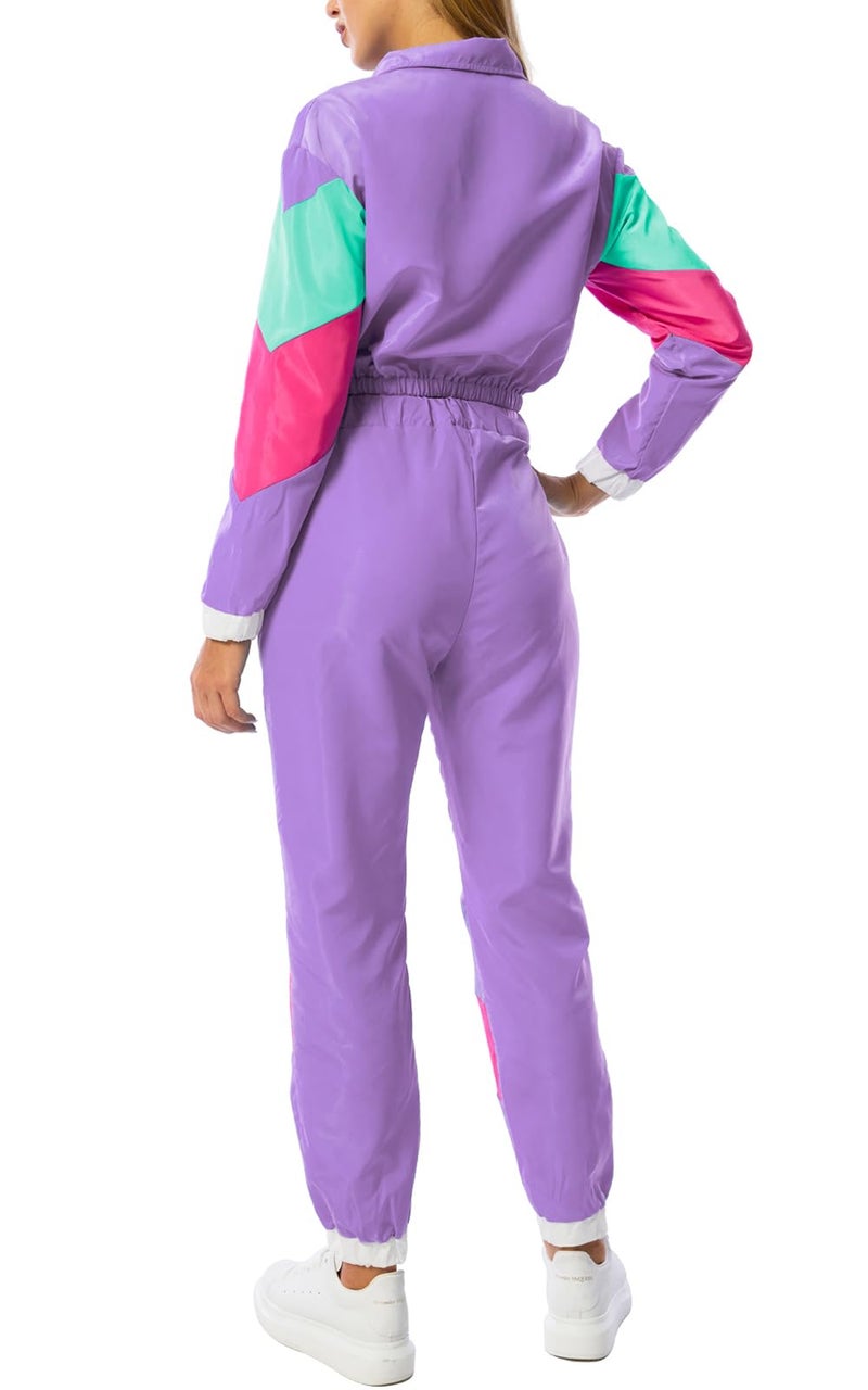 Yisfri Women's Vintage 80s 90s 2 Piece Outfit Retro Neon Full Zip Windbreaker Tracksuits Themed Party Joggers Set (Large, Light Purple) - Image 3