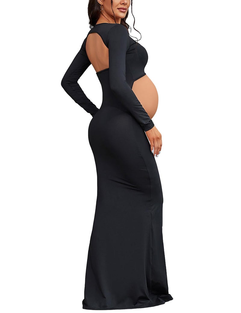 Bhome Maternity Photoshoot Dress Long Sleeve Sexy Cut-Out Backless Maternity Maxi Gown Photography Outfits Black S - Image 2