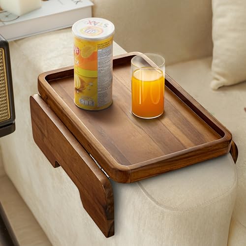 HOLANA Acacia Wood Sofa Armrest Tray - 13.75 x 9.5in Double Hinge Sofa Arm Tray Table Clip - Couch Arm Table - Wooden Side Tables for Eating and Drink (Acacia, 13.75" D x 9.5" W x 2" H) - Image 1