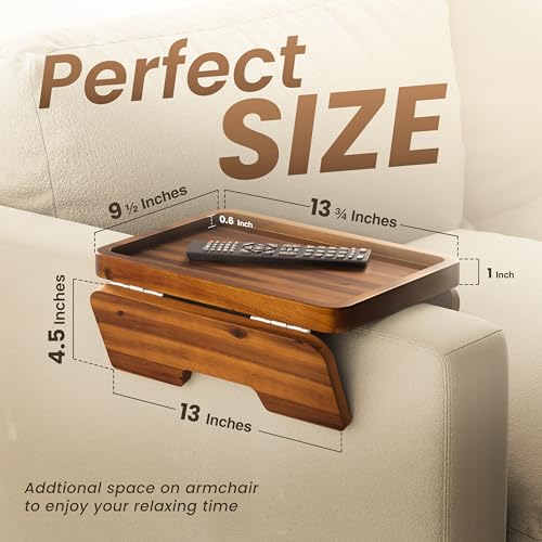 HOLANA Acacia Wood Sofa Armrest Tray - 13.75 x 9.5in Double Hinge Sofa Arm Tray Table Clip - Couch Arm Table - Wooden Side Tables for Eating and Drink (Acacia, 13.75" D x 9.5" W x 2" H) - Image 2