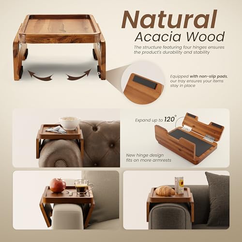HOLANA Acacia Wood Sofa Armrest Tray - 13.75 x 9.5in Double Hinge Sofa Arm Tray Table Clip - Couch Arm Table - Wooden Side Tables for Eating and Drink (Acacia, 13.75" D x 9.5" W x 2" H) - Image 3