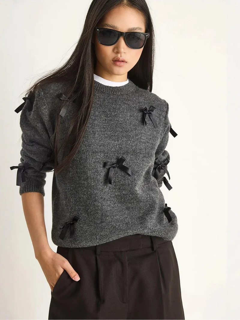 Bianco Lucci Charcoal Grey LUCCI Bow Detailed Crew Neck Sweater for Women | Best Price UAE