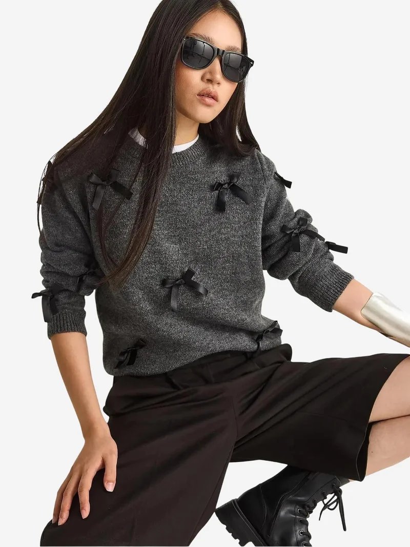 Bianco Lucci Charcoal Grey LUCCI Bow Detailed Crew Neck Sweater for Women | Best Price UAE