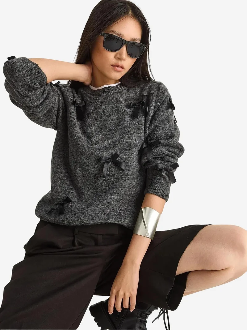 Bianco Lucci Charcoal Grey LUCCI Bow Detailed Crew Neck Sweater for Women | Best Price UAE