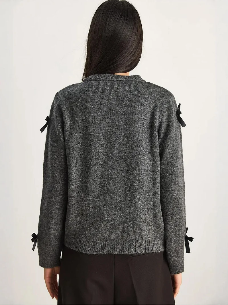 Bianco Lucci Charcoal Grey LUCCI Bow Detailed Crew Neck Sweater for Women | Best Price UAE