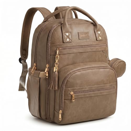 ROSEGIN Premium Vegan Leather Diaper Bag Backpack with Waterproof Changing Pad Reinforced Zippers OdorFree 20 Pockets Pro Organizer Fits 156 Laptop Stroller Straps Baby Bag for Mom Taupe - Image 1