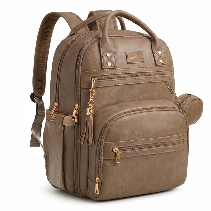 ROSEGIN Premium Vegan Leather Diaper Bag Backpack with Waterproof Changing Pad Reinforced Zippers OdorFree 20 Pockets Pro Organizer Fits 156 Laptop Stroller Straps Baby Bag for Mom Taupe - Image 2