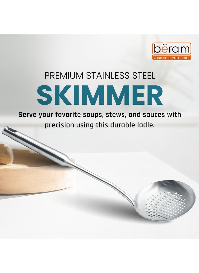 Beram - Stainless Steel Skimmer, Strainer, Cooking Spatula, Kitchen Utensil, Spoon, 100% Food Grade, Compact, Lightweight, Oil Strainer, Food Drainer, Silver - Image 1