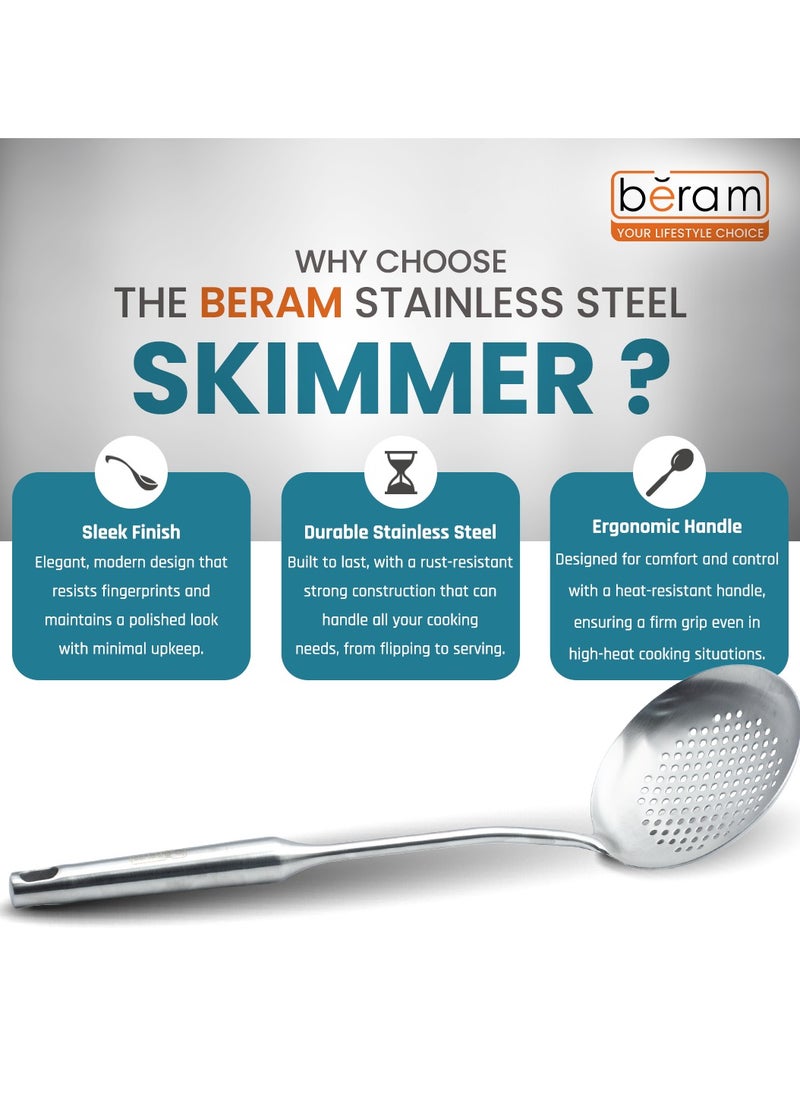 Beram - Stainless Steel Skimmer, Strainer, Cooking Spatula, Kitchen Utensil, Spoon, 100% Food Grade, Compact, Lightweight, Oil Strainer, Food Drainer, Silver - Image 1
