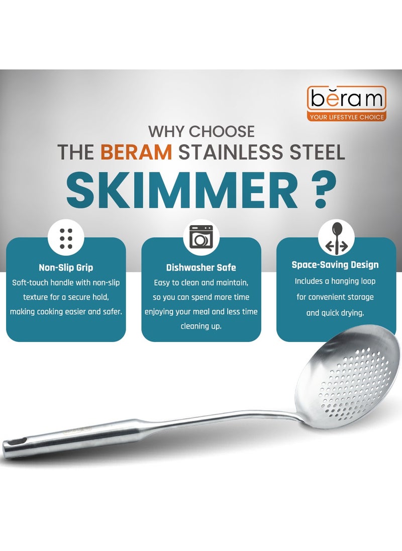 Beram - Stainless Steel Skimmer, Strainer, Cooking Spatula, Kitchen Utensil, Spoon, 100% Food Grade, Compact, Lightweight, Oil Strainer, Food Drainer, Silver - Image 1