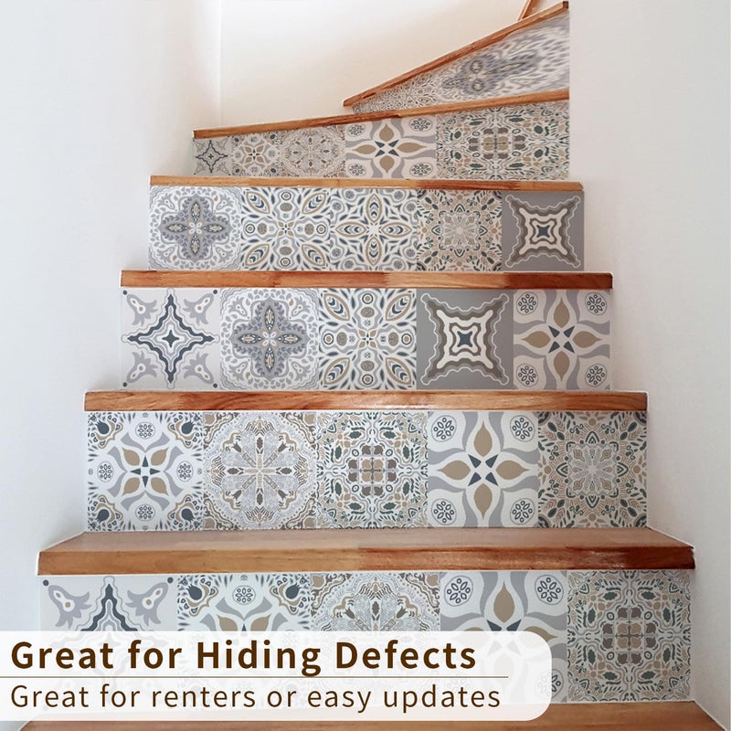 funlife 14 Strips Stair Riser Stickers Peel and Stick, Self Adhesive Vinyl Stair Risers Staircase Murals Decals Sticker Decor for Steps, 39.37"x7.09", Vintage Geometry - Image 5