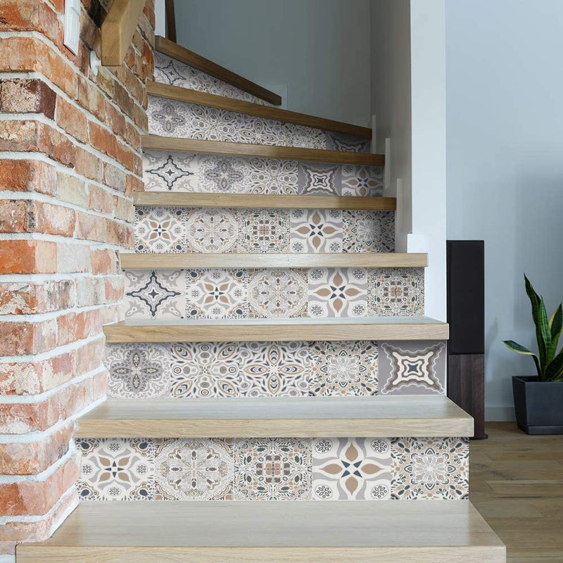 funlife 14 Strips Stair Riser Stickers Peel and Stick, Self Adhesive Vinyl Stair Risers Staircase Murals Decals Sticker Decor for Steps, 39.37"x7.09", Vintage Geometry - Image 1