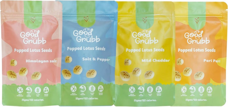 Good Grubb Popped Lotus Seeds Mixed Pack - Himalayan Salt, Salt & Pepper, Mild Cheddar, Peri Peri - Image 1