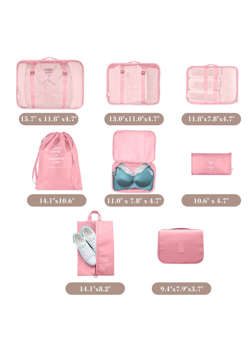SOLARAE Packing Cubes for Travel, 8 Pcs Luggage Organizers with Toiletry Bag Shoes Bag Made with Wearable Waterproof Fabric for Travel Accessories (Pink) - Image 4