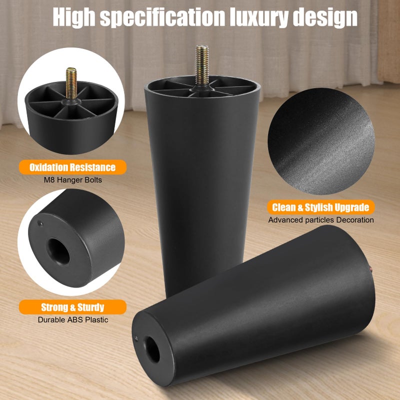 Manesi 7 inch Plastic Furniture Legs, Round Tapered Table Legs Black Sofa Legs Replacement Legs with M8 Hanger Bolts for Couch Table Sofa, Pack of 4 - Image 4