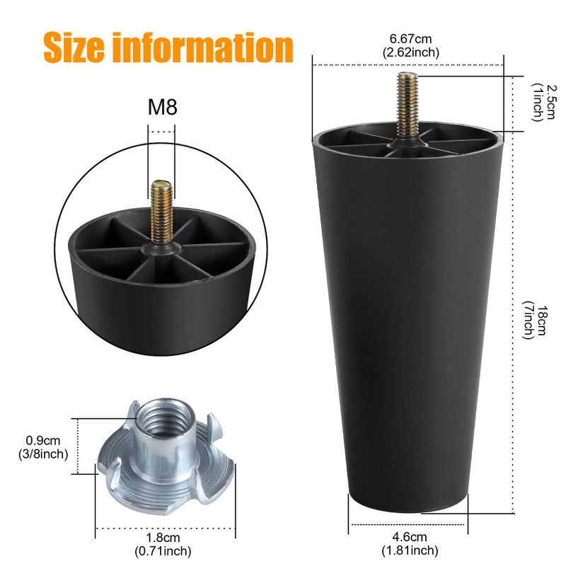 Manesi 7 inch Plastic Furniture Legs, Round Tapered Table Legs Black Sofa Legs Replacement Legs with M8 Hanger Bolts for Couch Table Sofa, Pack of 4 - Image 2