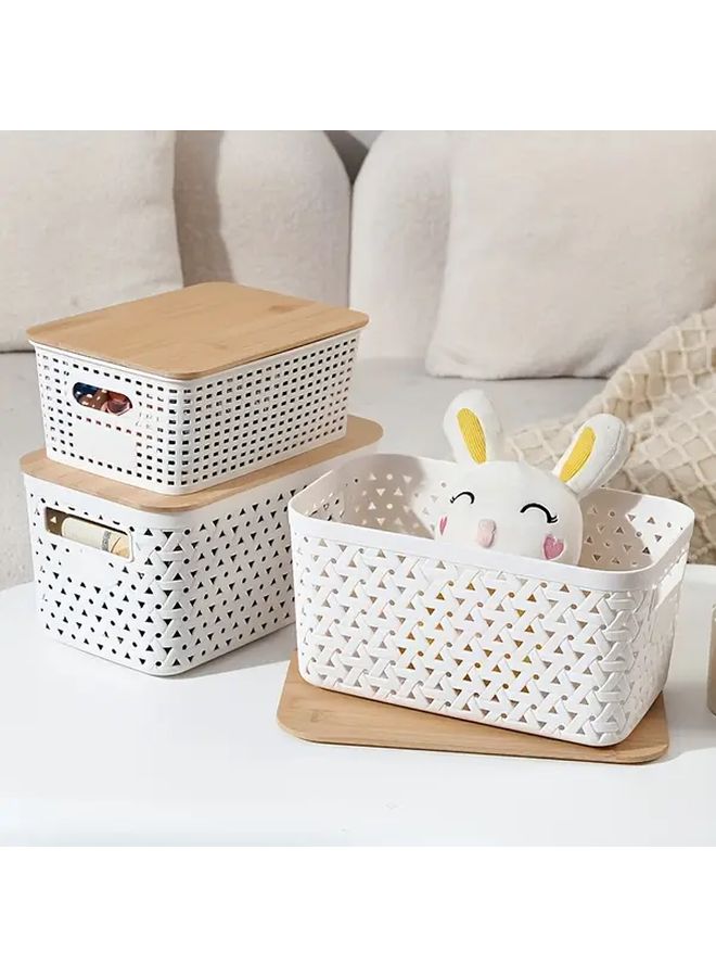6 Pcs Black Checkered Plastic Hollow Woven Desktop Storage Baskets With Lids Stackable Shelf Organizer For Space Saving - Image 1