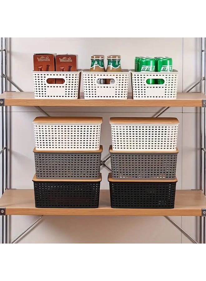 6 Pcs Black Checkered Plastic Hollow Woven Desktop Storage Baskets With Lids Stackable Shelf Organizer For Space Saving - Image 3
