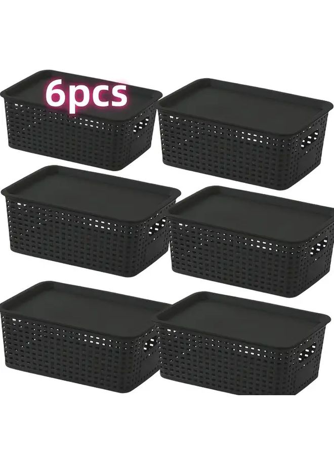6 Pcs Black Checkered Plastic Hollow Woven Desktop Storage Baskets With Lids Stackable Shelf Organizer For Space Saving - Image 4