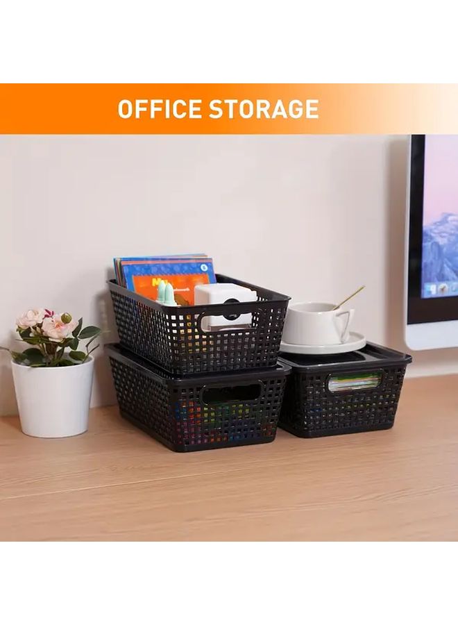 6 Pcs Black Checkered Plastic Hollow Woven Desktop Storage Baskets With Lids Stackable Shelf Organizer For Space Saving - Image 2