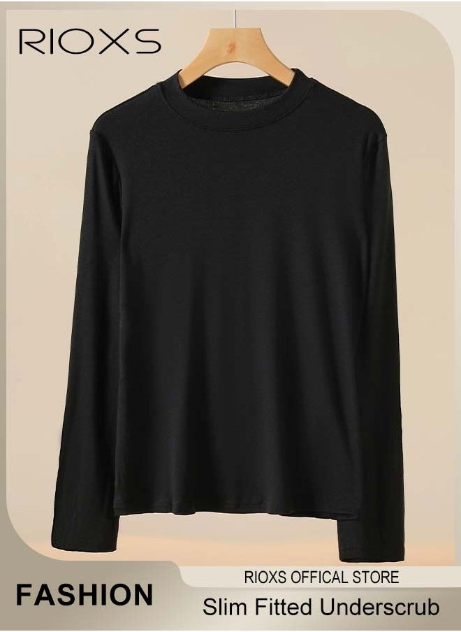 RIOXS - Women's Long Sleeve Basic Shirts, Comfortable Skin-friendly Slim Fitted Underscrub, Soft Stretchy Tops with Round Neck, Classic Simple Undershirt with Fitted Silhouette, Versatile Essential Piece that Can Adapt to Any Situation - Image 1