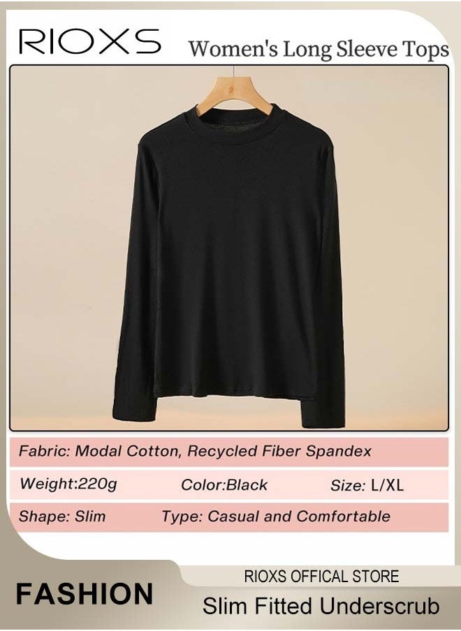 RIOXS - Women's Long Sleeve Basic Shirts, Comfortable Skin-friendly Slim Fitted Underscrub, Soft Stretchy Tops with Round Neck, Classic Simple Undershirt with Fitted Silhouette, Versatile Essential Piece that Can Adapt to Any Situation - Image 1