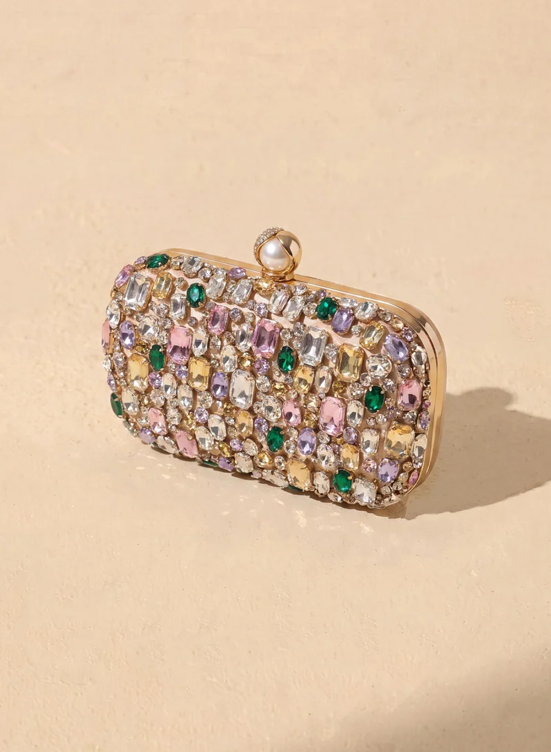 سنفير Crystal Embellished Satin Box Clutch Purse