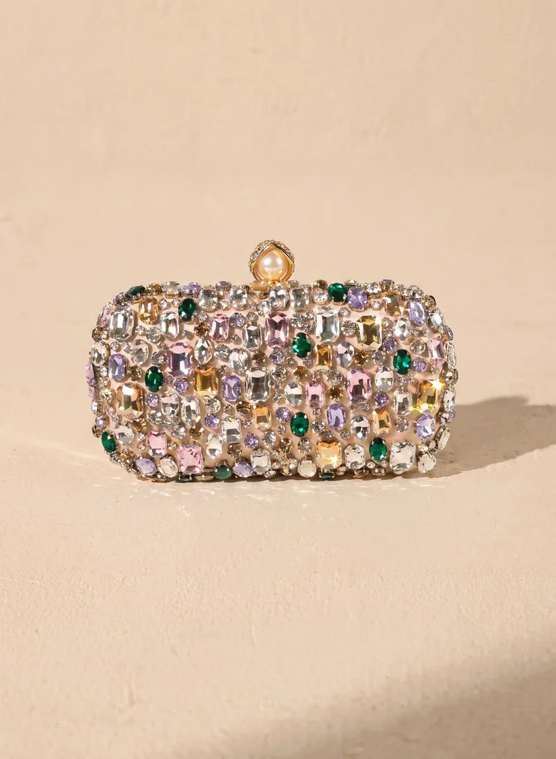 سنفير Crystal Embellished Satin Box Clutch Purse