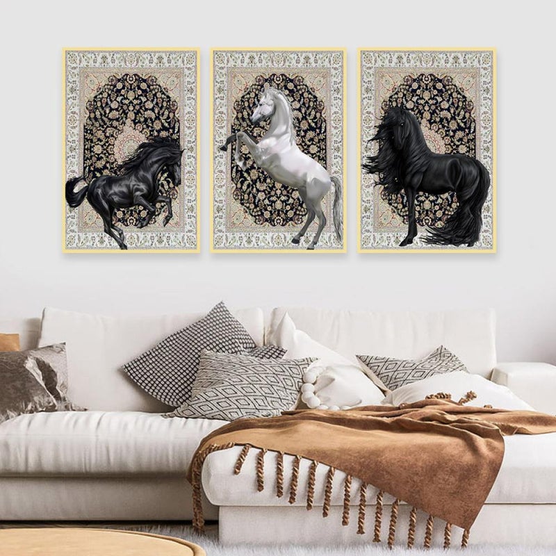 Marktna Three canvas paintings with a horse design and a hollow frame, measuring (120×60), three pieces - Image 1