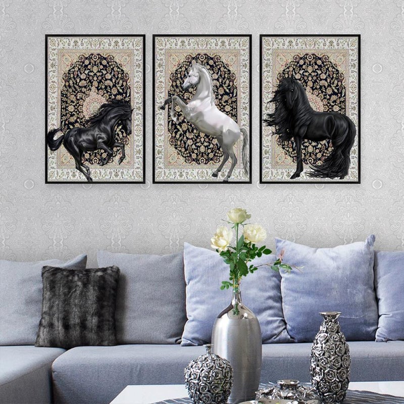 Marktna Three canvas paintings with a horse design and a hollow frame, measuring (120×60), three pieces - Image 2