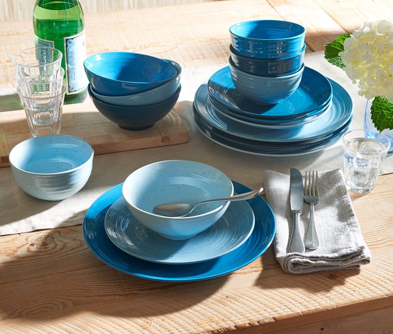 Sango Siterra Artist's Blend 16-Piece Stoneware Dinnerware Set â€“ Service for 4, Ocean Blue Glossy Glaze with Unique Speckled Design, for Everyday Dining & Entertainment, Microwave & Dishwasher Safe - Image 3