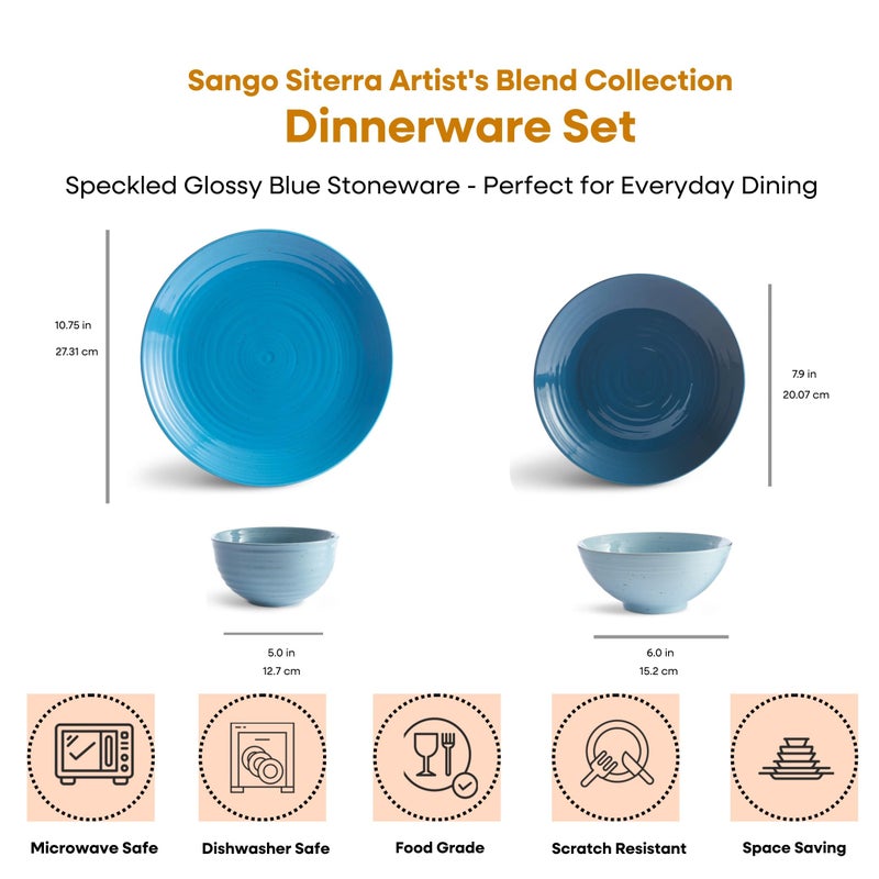 Sango Siterra Artist's Blend 16-Piece Stoneware Dinnerware Set â€“ Service for 4, Ocean Blue Glossy Glaze with Unique Speckled Design, for Everyday Dining & Entertainment, Microwave & Dishwasher Safe - Image 2