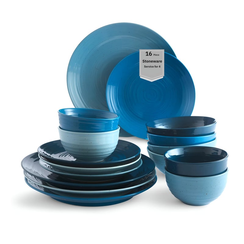 Sango Siterra Artist's Blend 16-Piece Stoneware Dinnerware Set â€“ Service for 4, Ocean Blue Glossy Glaze with Unique Speckled Design, for Everyday Dining & Entertainment, Microwave & Dishwasher Safe - Image 1