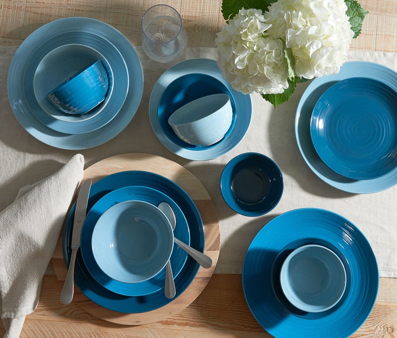 Sango Siterra Artist's Blend 16-Piece Stoneware Dinnerware Set â€“ Service for 4, Ocean Blue Glossy Glaze with Unique Speckled Design, for Everyday Dining & Entertainment, Microwave & Dishwasher Safe - Image 4