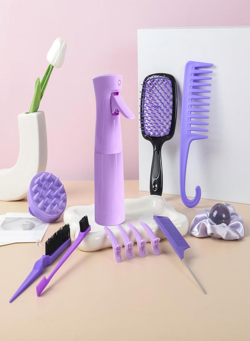 KHAJUL 12-Piece Hair Brush Set for Women, Spray Bottle, Slick Back Hair Brushes for Toddlers, Soft Scalp Massager, Detangling Hairbrush for Wet Dry Curly Hair Detangling, Wide Tooth Combs (Purple) - Image 5