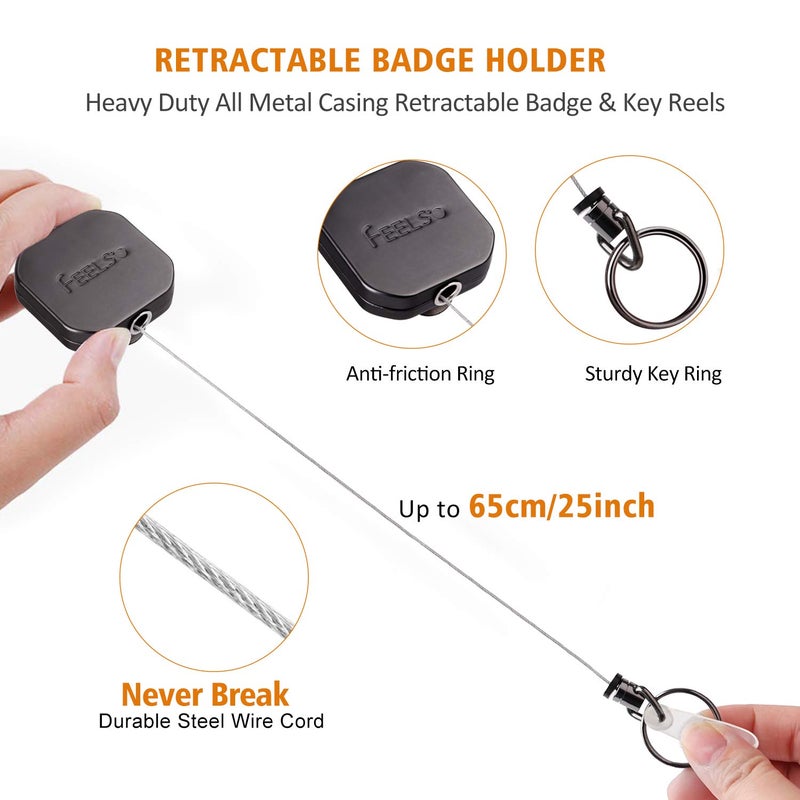 FEELSO Badge Holder Reel Retractable, Metal Heavy Duty Badge Holder with Belt Clip Key Ring and 6pcs Plastic ID Card Holders, Steel Wire Cord Up to 25 inch (2 Pack) - Image 3