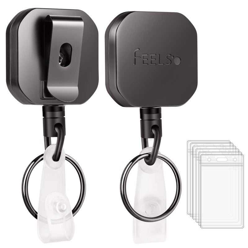FEELSO Badge Holder Reel Retractable, Metal Heavy Duty Badge Holder with Belt Clip Key Ring and 6pcs Plastic ID Card Holders, Steel Wire Cord Up to 25 inch (2 Pack) - Image 1