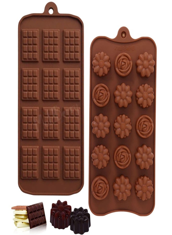 Moldberry Silicone Chocolate Mould 15 Cavity Mix Flower & Chocolate Bar Design | Food Grade Flexible Silicone Mold for Chocolates, Wax Melts, Soap, Ice Cubes | Non-Stick & Reusable | Pack 2 - Image 1