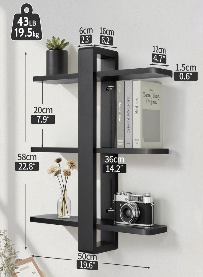 SUMGAR Black Floating Shelves for Wall Mounted Shelving Unit All Pine Wood 3 Tier Large Shelf for Bedroom Living Room Office Bathroom Home Decoration Storage Plant Photo Display Modern 20in - Image 2