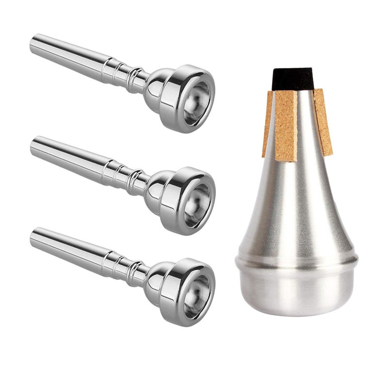 Kuylive 3 Pack Trumpet Mouthpiece (3C 5C 7C) with Lightweight Aluminum Practice Trumpet Mute Silencer Fit for Yamaha Bach Conn King Replacement Musical Instruments Accessories, Silver - Image 1
