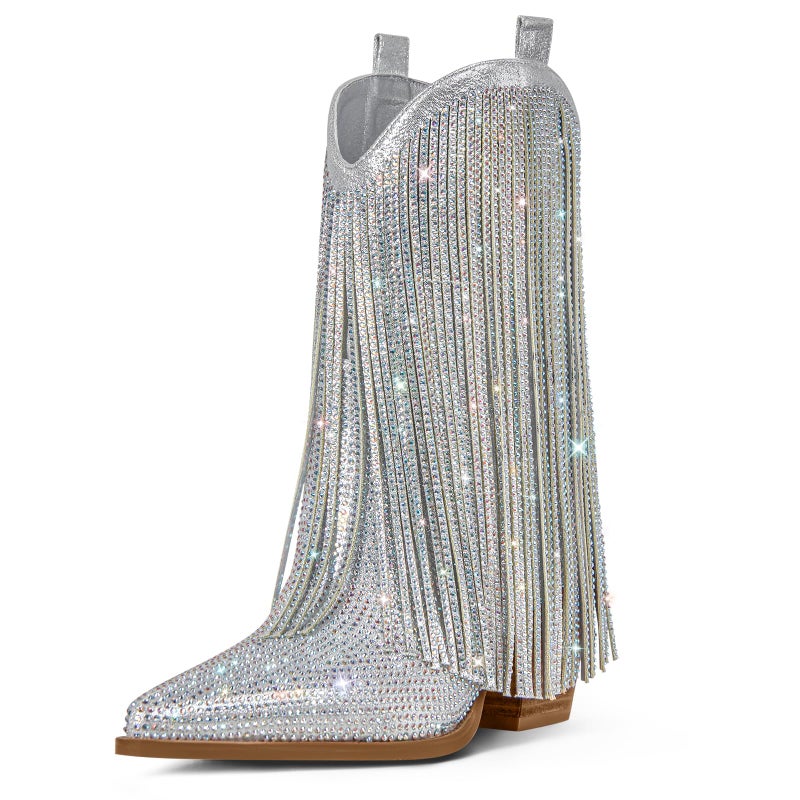 Ouepiano Cowboy Boots for Women - Cowgirl Rhinestone Boots with Sparkly Fringe Pointed Toe Western Boot Chunky Heel Pull-On Wide Calf Silver Botas Vaqueras Size 8 - Image 1