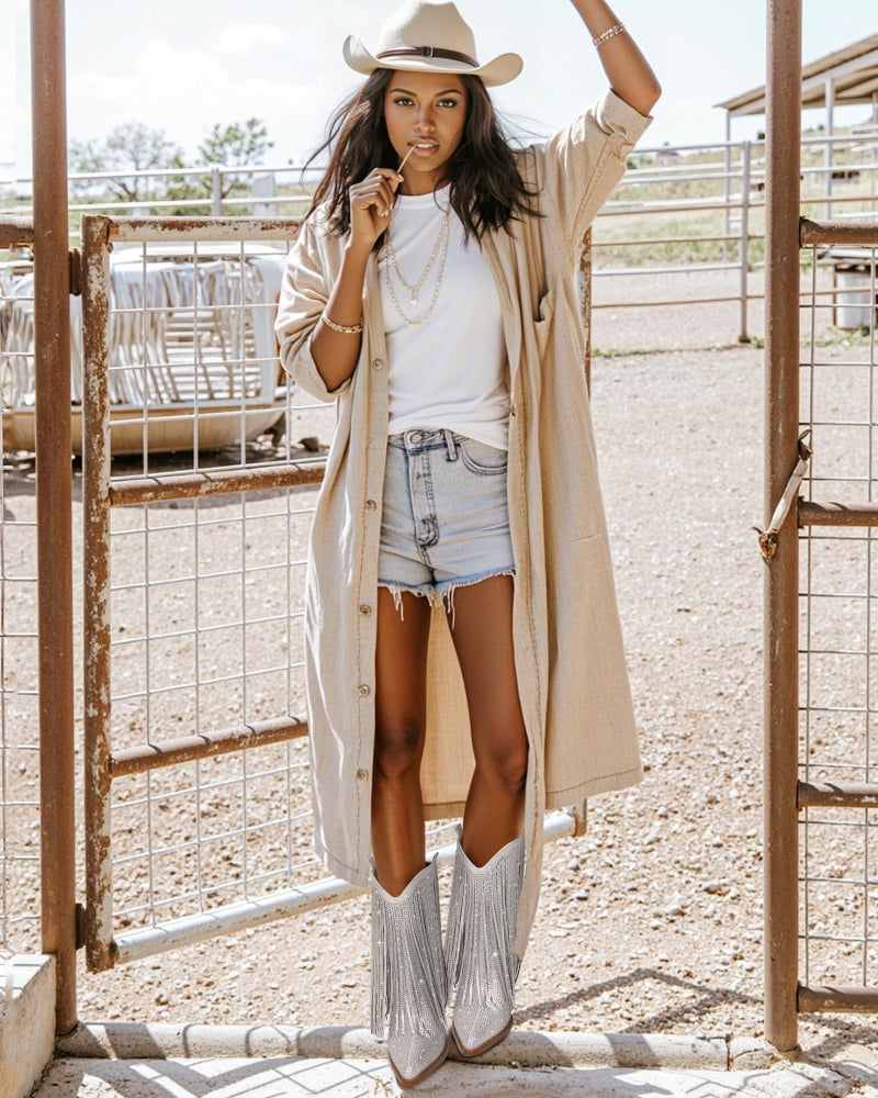 Ouepiano Cowboy Boots for Women - Cowgirl Rhinestone Boots with Sparkly Fringe Pointed Toe Western Boot Chunky Heel Pull-On Wide Calf Silver Botas Vaqueras Size 8 - Image 3