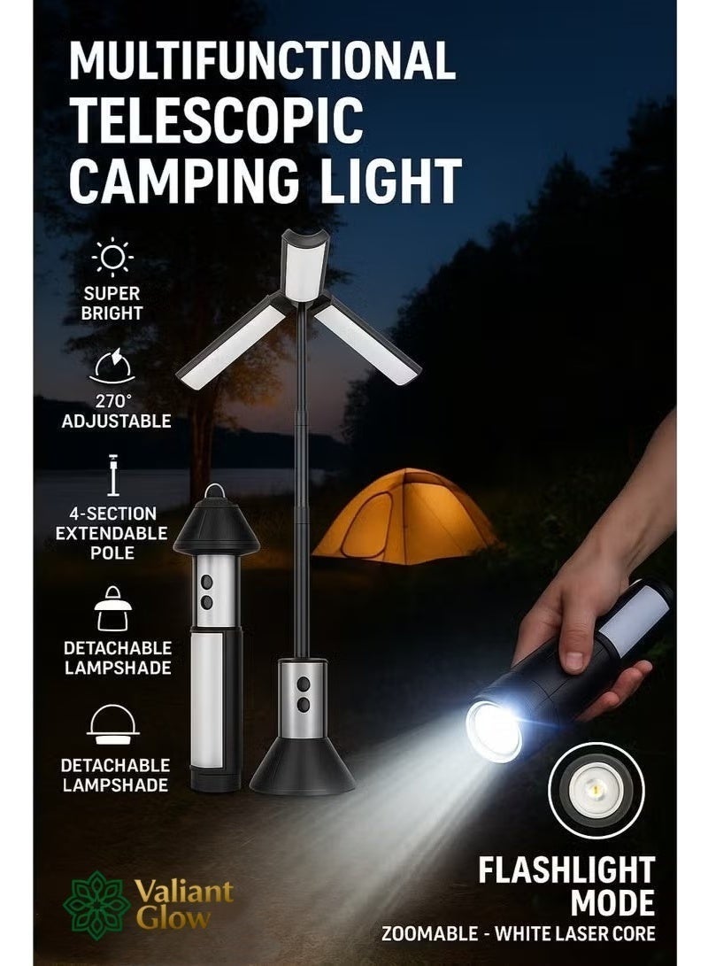 Valiant Glow Portable Telescopic Camping Lantern 4000mAh | Type-C Rechargeable | 2 Brightness Modes & 3 Flashlight Modes | IPX4 Waterproof | Foldable Emergency Light for Camping, Hiking, Home Use - Image 2