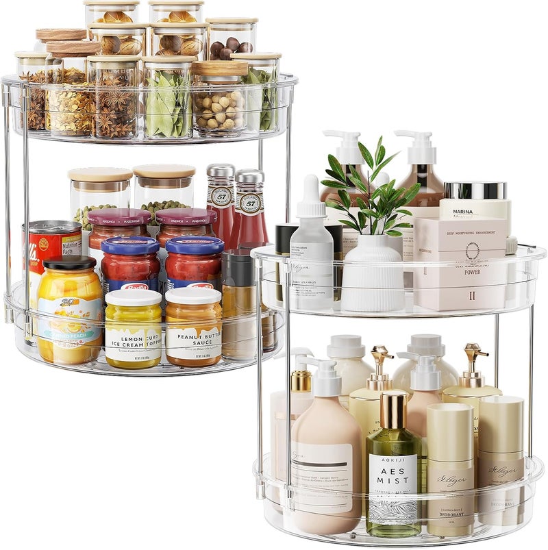 LAMU 2 Pack 2 Tier Lazy Susan Turntable Organizer 12inch Rotating Spice Rack Organization for Cabinet, Kitchen, Pantry, Countertop, Bathroom, Vanity, Medicine Cabinet Organizer, Clear - Image 1