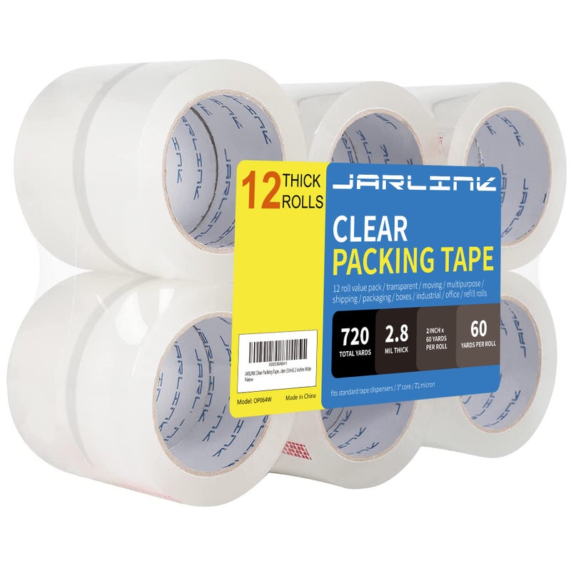 JARLINK Clear Packing Tape 12 Rolls Heavy Duty Packaging Tape for Shipping Packaging Moving Sealing Stronger Thicker 28mil 2 inches Wide 60 Yards Per Roll 720 Total Yards